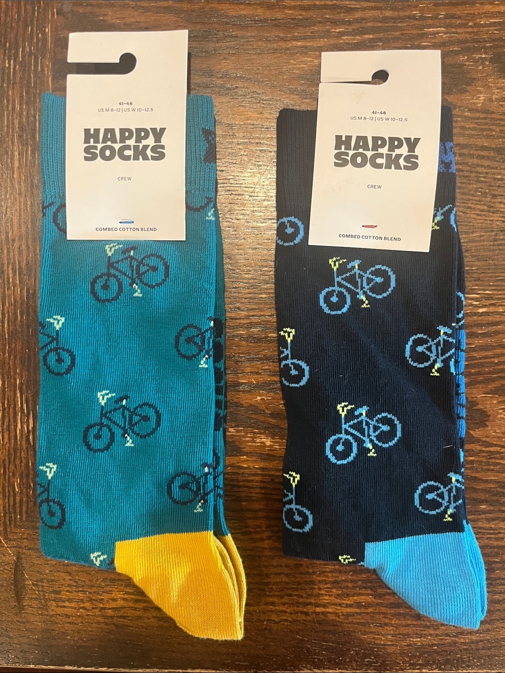 2 Happy Socks Men's Bicycle Crew Socks - Teal with Yellow & Navy with Light Blue